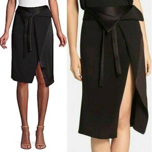 HALSTON HERITAGE black satin asymmetric origami faux wrap skirt